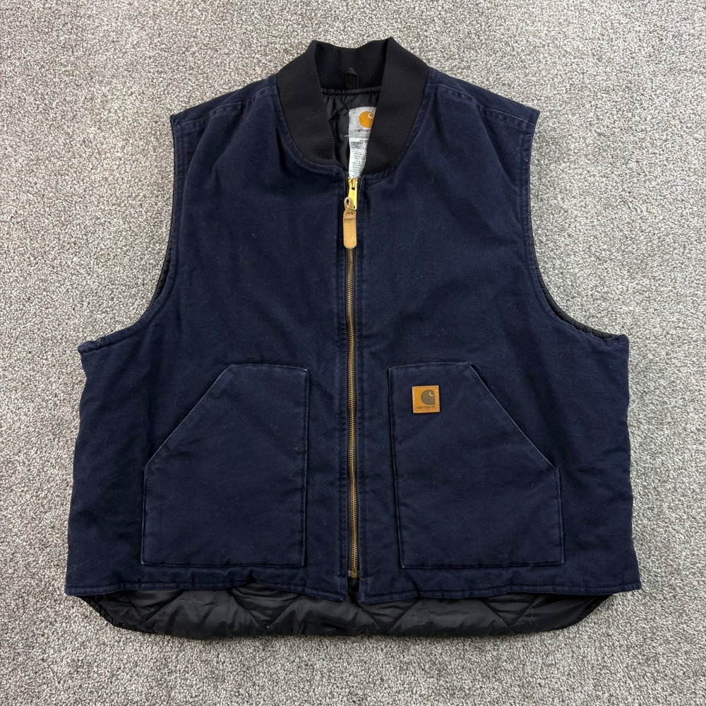 Carhartt Arctic Vest Mens 2XL Navy Cotton Quilt Lined Canvas Workwear V02 MDT